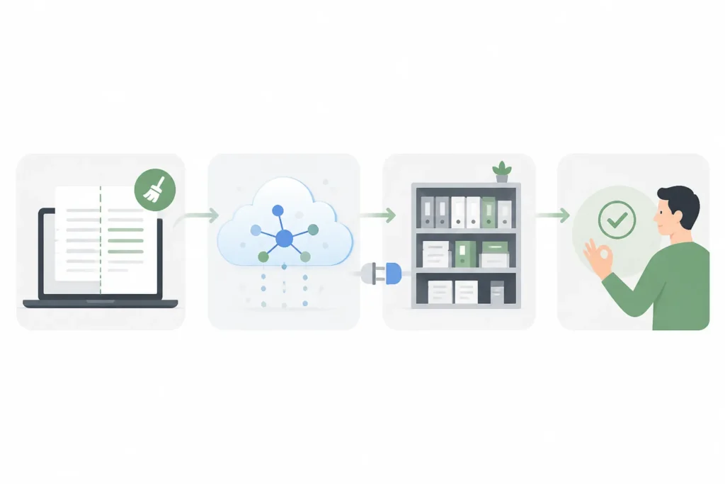Schema illustrato di un flusso AI che passa da laptop a cloud, archivio aziendale e approvazione umana.