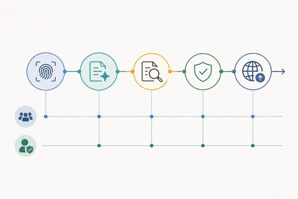 Catena di custodia visualizzata come flusso di nodi che collega generazione, revisione, approvazione e pubblicazione con accessi differenziati.