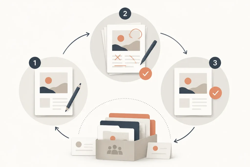 Ciclo iterativo: bozza, revisione e aggiornamento del brief come apprendimento del team.