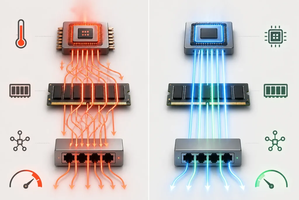 Confronto tra collegamenti elettrici congestionati e connessioni ottiche più efficienti tra chip, memoria e rete.