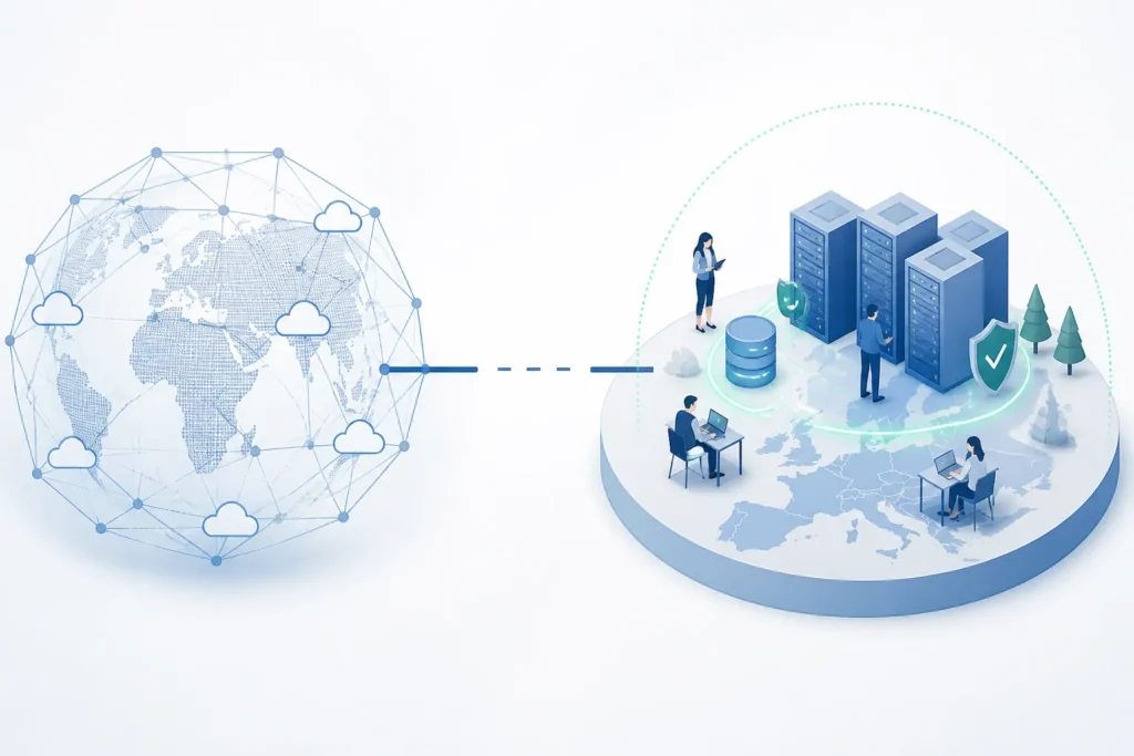 Schema concettuale di un cloud globale separato temporaneamente da un ambiente digitale europeo autonomo che continua a operare.