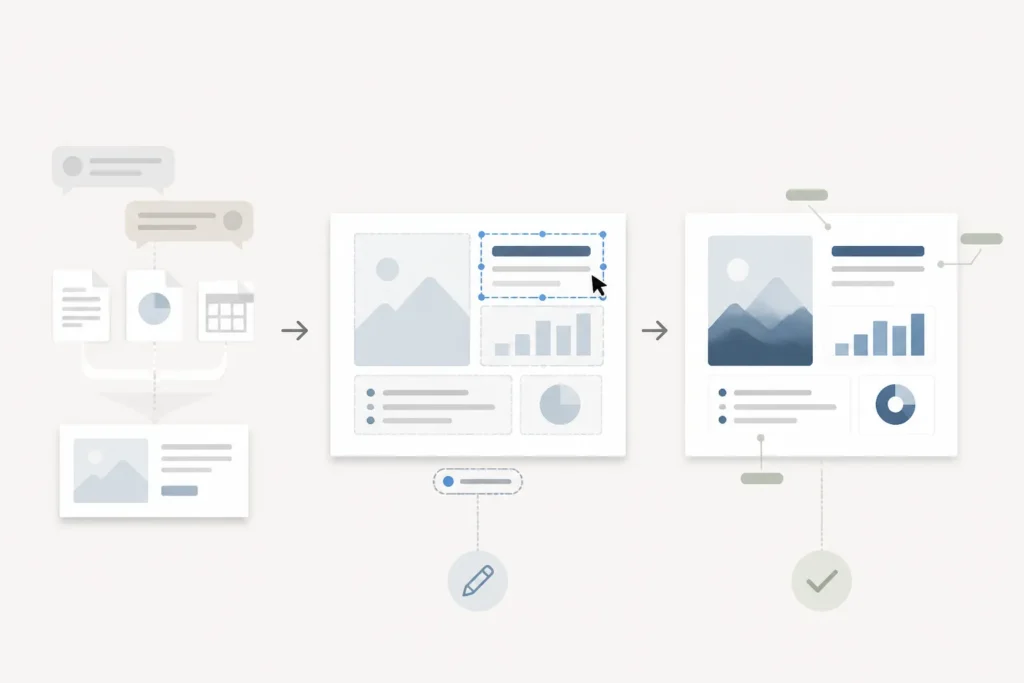 Mini-infografica che mostra una bozza di slide trasformata in una versione modificata con elementi editabili e revisione puntuale.