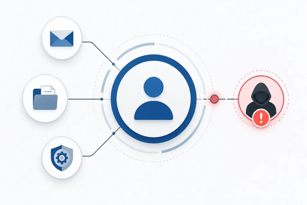 Schema concettuale di un account digitale centrale collegato a posta, documenti e autorizzazioni cloud, con il rischio di compromissione evidenziato.