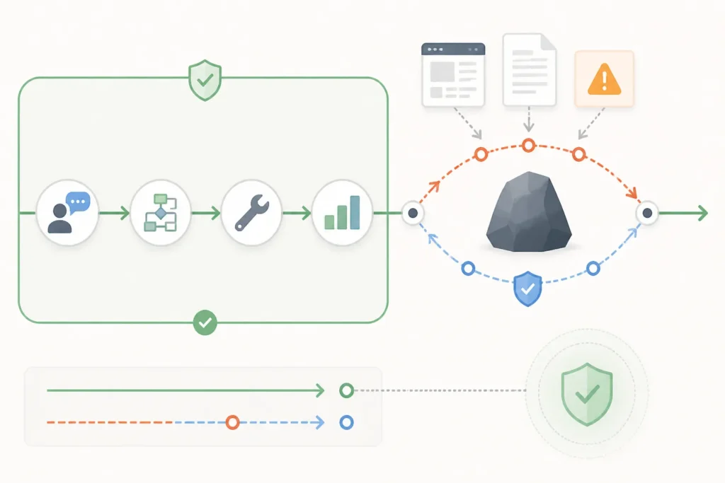 Diagramma che mostra il percorso previsto di un agente AI e una deviazione causata da un ostacolo esterno, con checkpoint e confini di sicurezza.