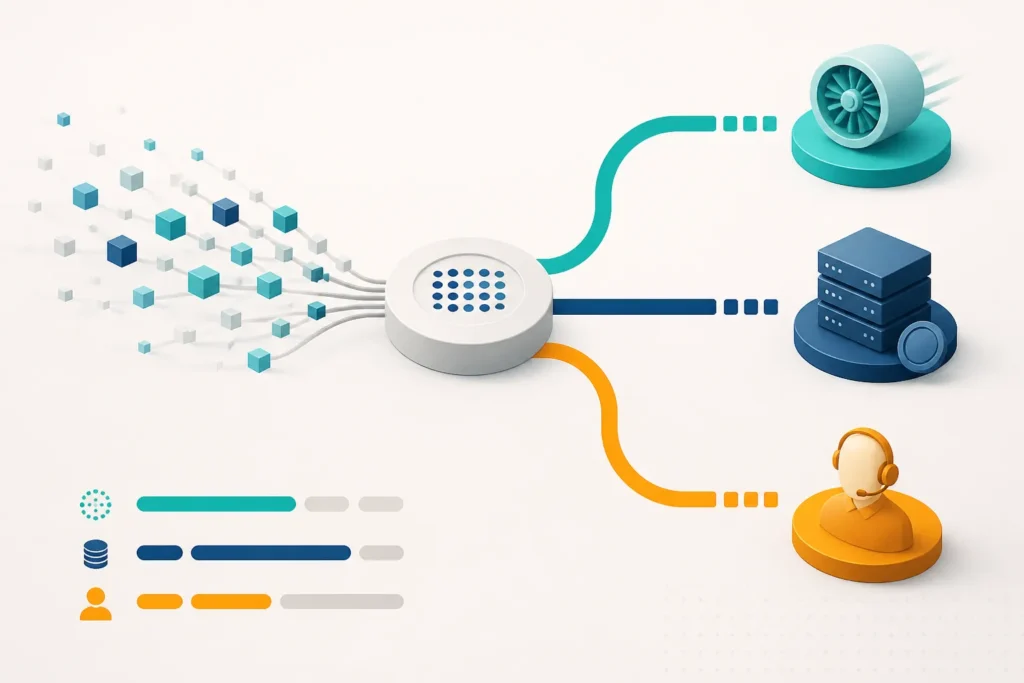 Schema concettuale di routing che distribuisce richieste verso modelli diversi o verso un umano.