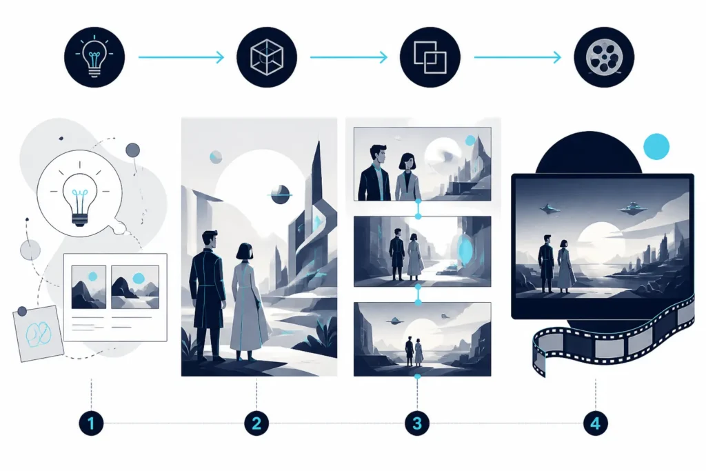 Mini-infografica che mostra le fasi dell’uso dell’AI generativa nella produzione di un episodio: idea, generazione, coerenza e rifinitura.
