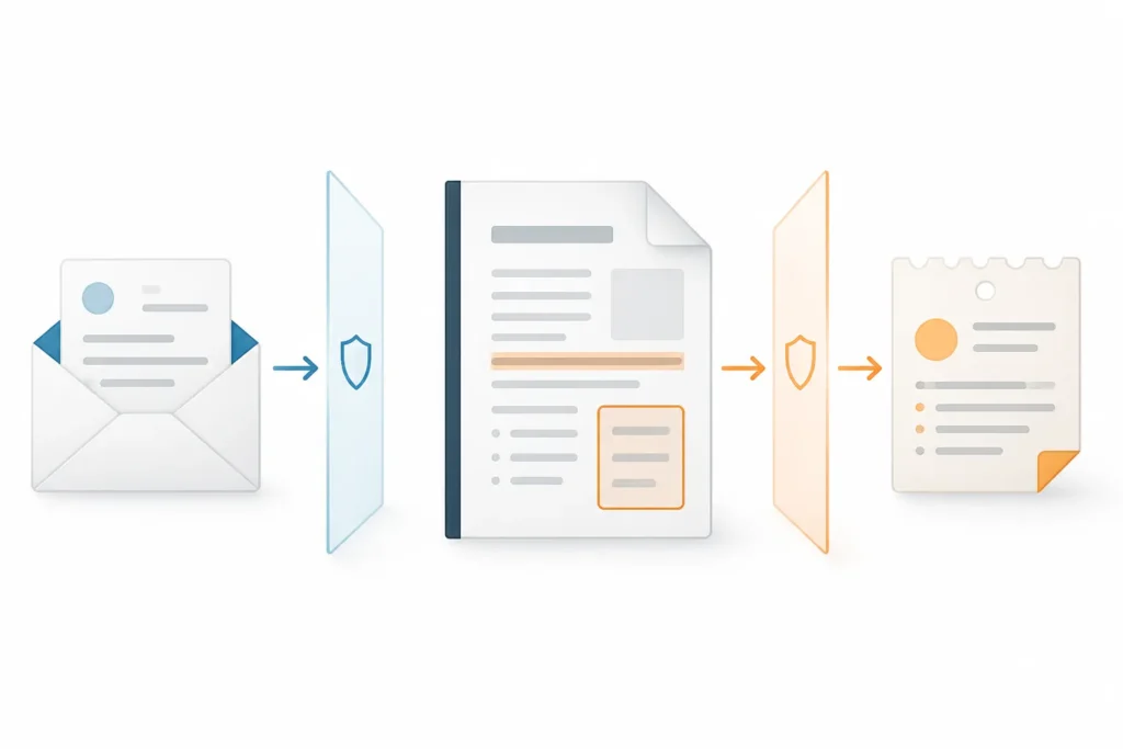 Email, PDF e ticket collegati in sequenza con barriere di fiducia tra un passaggio e l’altro.