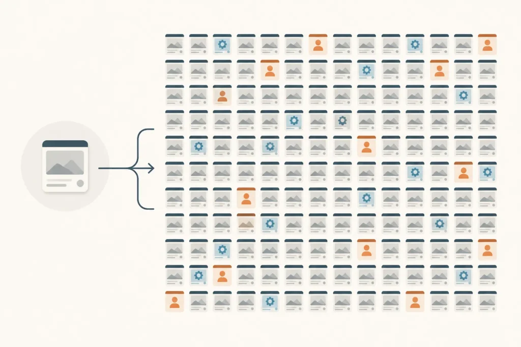 Mini-infografica che mostra molti riquadri di progetto collegati tra loro per spiegare che l’uso dell’AI è passato da un esperimento a una diffusione su larga scala.