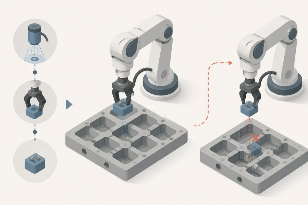 Un braccio robotico assembla un componente tecnico; una piccola imprecisione nell’allineamento mostra come un errore fisico possa compromettere il passaggio successivo.