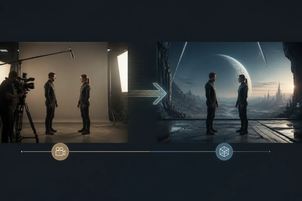 Schema visivo che mostra attori e set reale trasformati in un ambiente sci-fi ricostruito digitalmente.