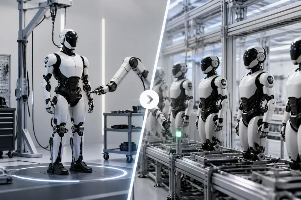 Da un prototipo unico a una linea di robot umanoidi identici con controlli di qualità, per rappresentare la sfida della produzione industriale.
