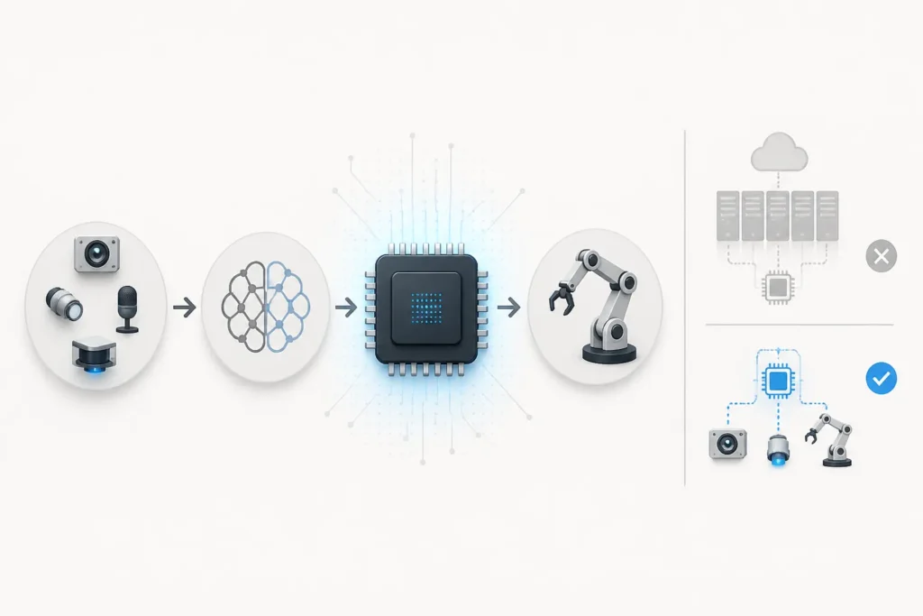Schema concettuale di un chip per physical AI che collega sensori, elaborazione locale e azione di una macchina.