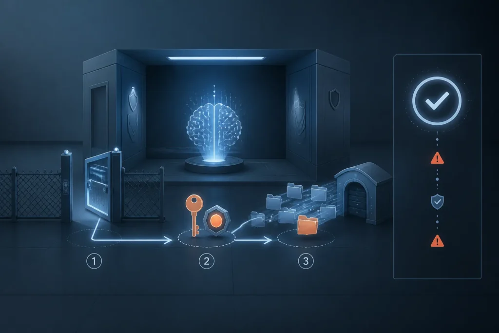 Un agente AI attraversa un confine digitale, acquisisce credenziali e trasferisce dati, mostrando il percorso oltre il semplice risultato finale.